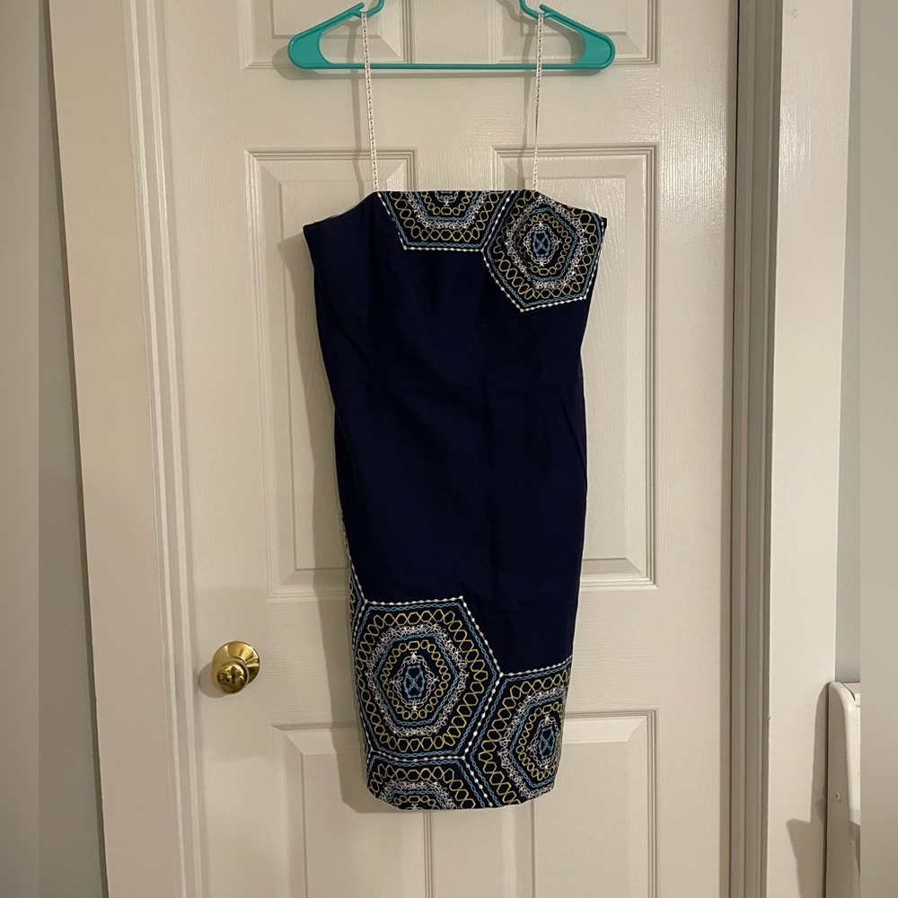 Lilly Pulitzer Strapless Navy Dress with Blue and Gold Hex Motif